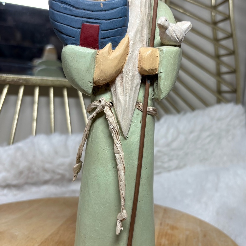 Vintage Wooden Noah Figurine Holding Ark & Dove Staff 10" Tall. Bible Religious
